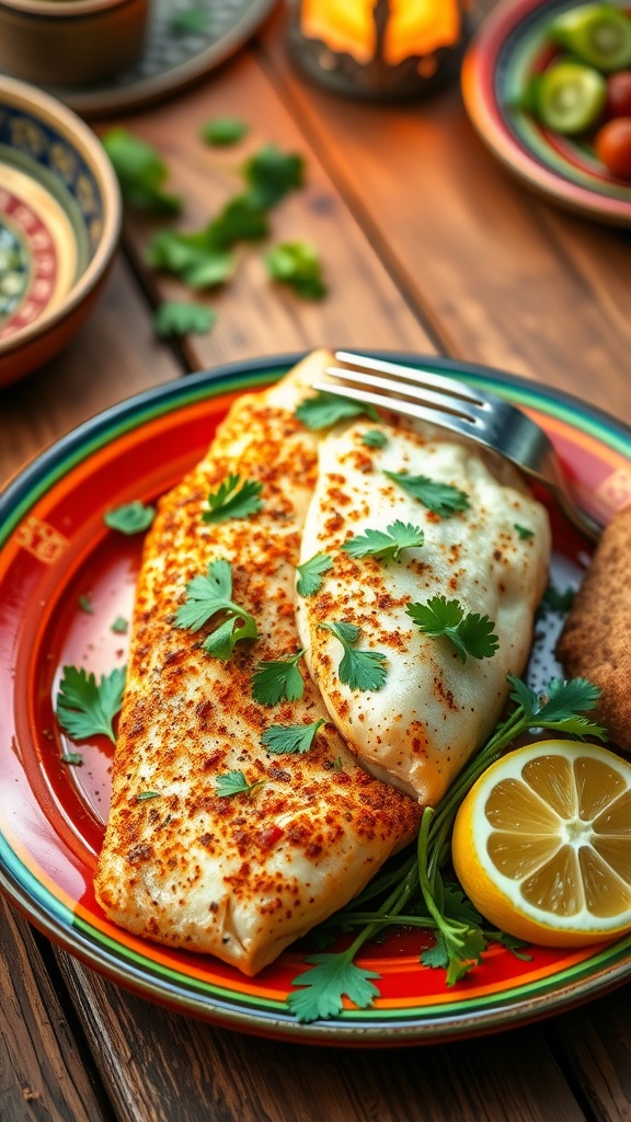 Moroccan-spiced sea bass fillet garnished with herbs and lemon, served on a decorative plate.